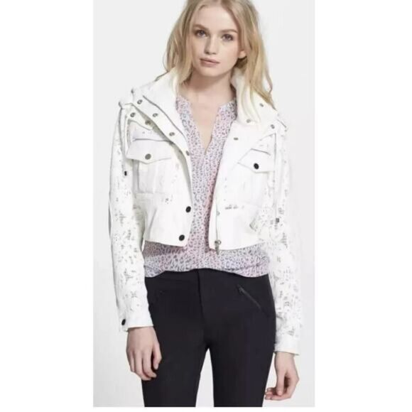 Rebecca Taylor White Cream Hooded Eyelet lightweight moto Jacket Size 8 - Picture 1 of 12